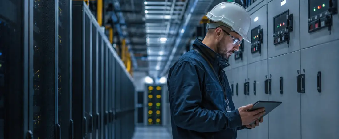 Data center technician reviewing an operational procedure on a tablet beside critical power equipment.