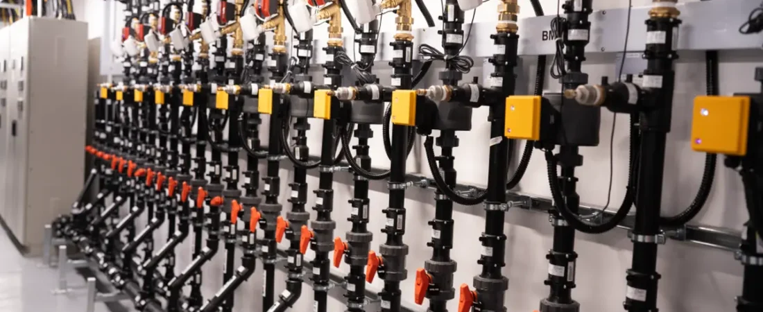 Liquid-cooling manifold and control valves inside Singapore’s tropical data center testbed