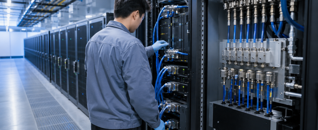 Direct-to-chip cooling system with coolant manifolds inside a high-density AI data center