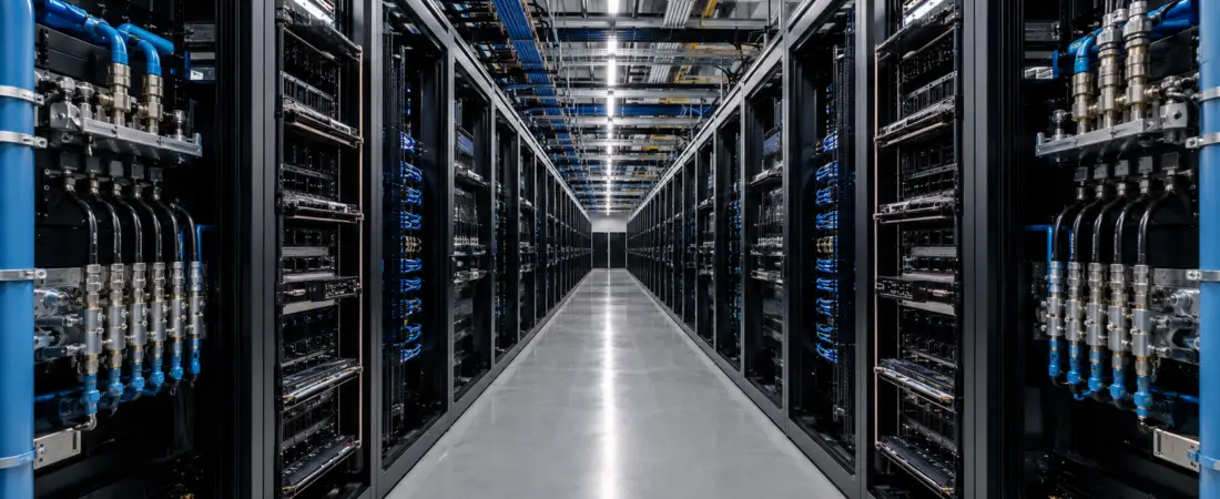 High-density AI factory data center with accelerator racks, high-speed cabling and direct-to-chip liquid-cooling infrastructure.