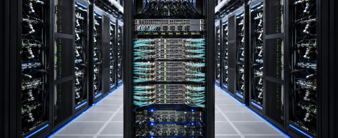 AI network fabric connecting high-density GPU servers with 800G Ethernet switches and fiber optics