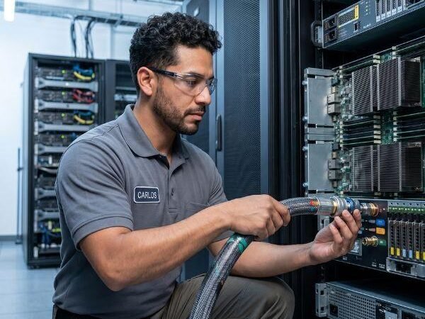 Technician upgrading server racks during a brownfield data center expansion