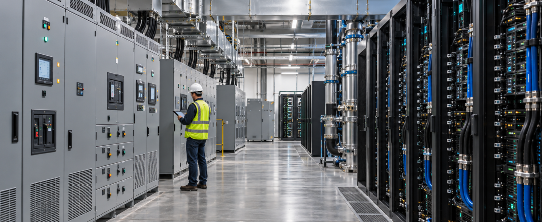 Technician monitoring AI data center power infrastructure